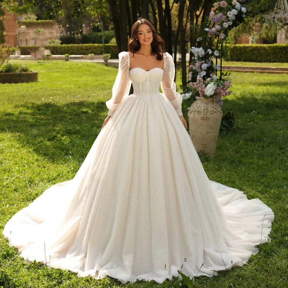 A-Line Women Wedding Dresses Elegant Lace Shining Sequins Bridal Gowns