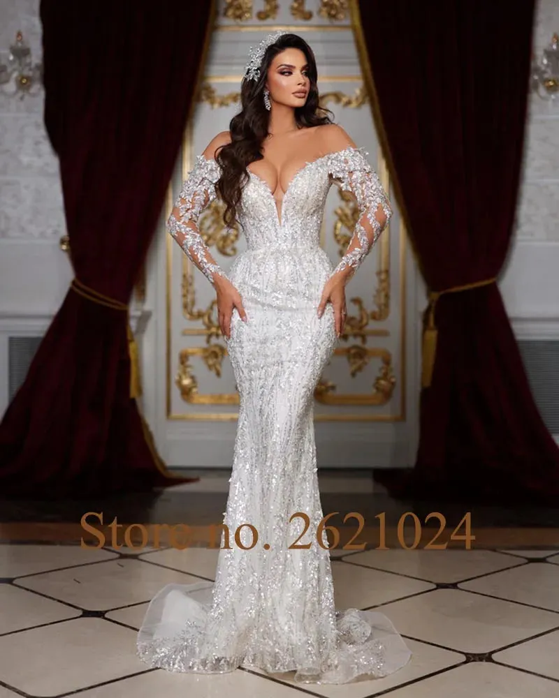 Wedding Guest Dresses: Crystal Sequins Long Sleeve 2 pieces Mermaid Wedding Dress